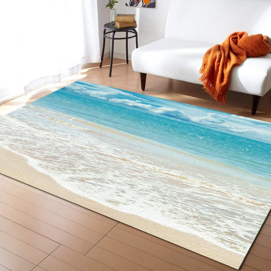 Ocean Area Rugs Beach Rug, Coastal Nature Theme Teal Carpet Boys Girls Hawaiian Sea Wave Animal's Shell Starfish Rug for Bedroom