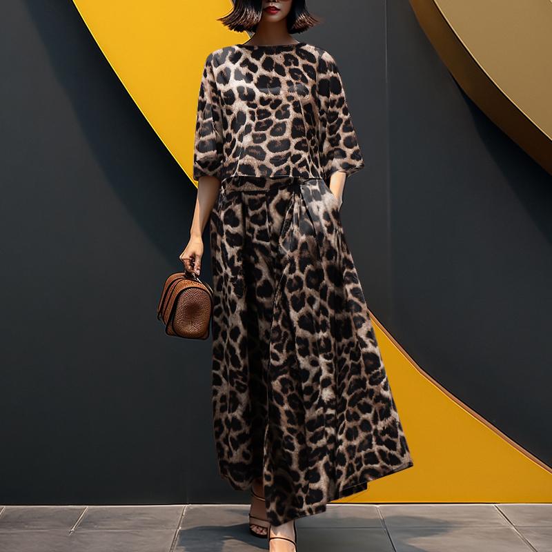 

ZANZEA Women Blouse and Wide Leg Pants Casual Leopard Print Two Piece Suit Sets L