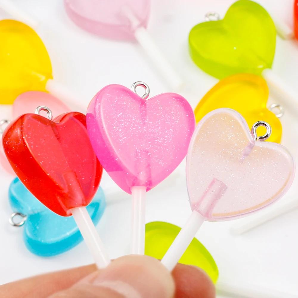10 Stück Glitzer-Herz-Form Lutscher Harz-Anhänger Niedliche Süßigkeiten-Charms für Schmuckherstellung Zubehör DIY Ohrringe Schlüsselanhänger Zubehör