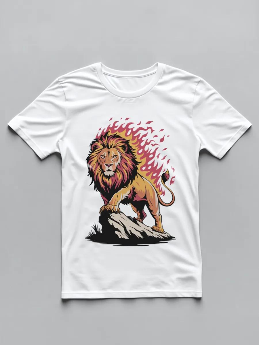White T-shirt with Lion on rock y2k print 2XL