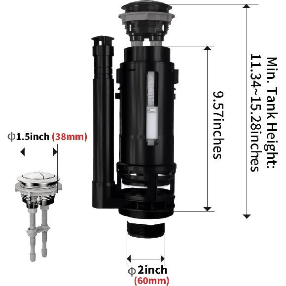 R&T 2-Inch Toilet dual flush valve replacement kit with Push Button Dual Flush Toilet Repair Kit Toilet Tank Parts Replacement for 2-piece Toilet