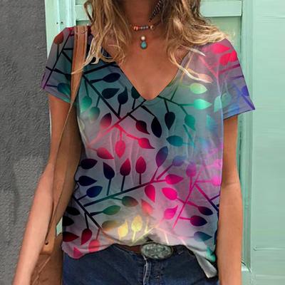 Women Summer T Shirt Crystal Leaves Print Short Sleeve Tees Casual Printed Tops