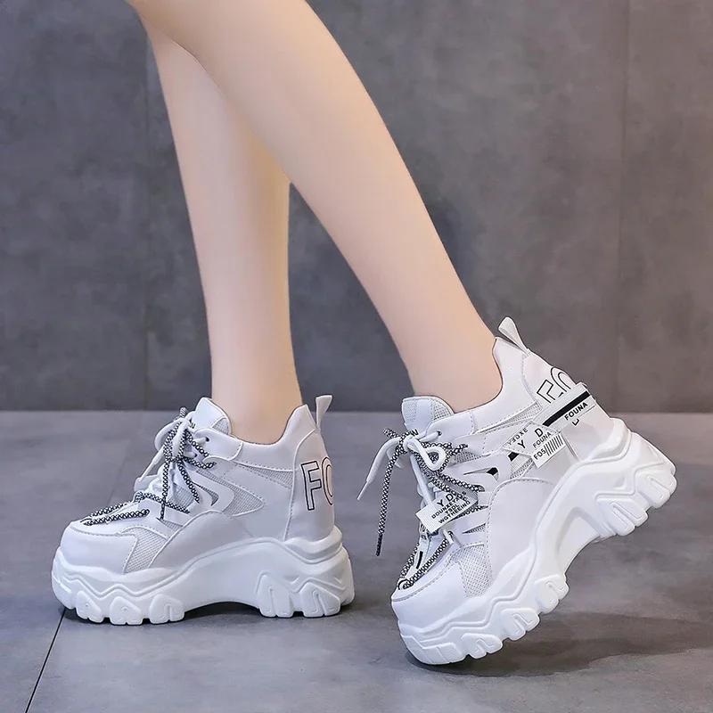 Fashion 9CM Autumn Women's Casual Sports Shoes High Platform Lacu-up Shoes Comfortable Women's Chunky Sneakers Breathable Outdoor Shoes