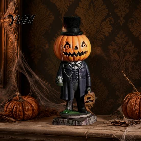 Small Autumn Pumpkin Crafts Spooky Halloween Figurine, Resin Scary Ghost Tabletop Decoration Table Centerpieces for Tiered Tray, Shelf, Mantel,
