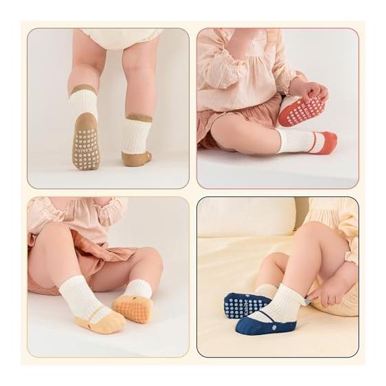 [VBWASFG] Set of 3 anti-slip cotton crew socks, soft and breathable, stretchy to prevent slipping off, suitable for 6-12 months to 5 years old
