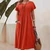 Plus Size Womens Summer Dress Cotton Linen Short Sleeve Round Neck Solid Color Pleated Pocket S-5XL