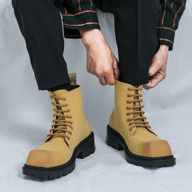 Men’s Retro Punk Thick Sole Platform Boots Jockey Boots Yellow Square Toe Motorcycle Boots High Boots Plus Size