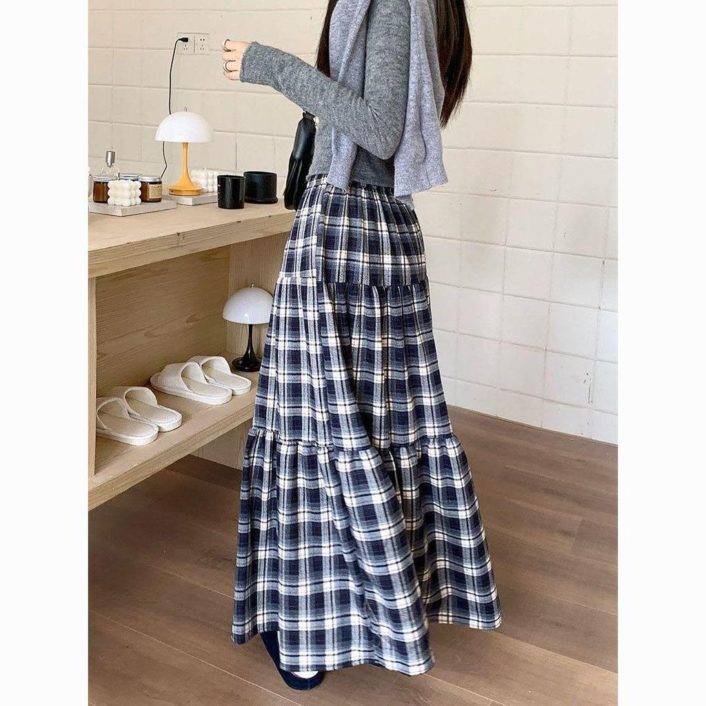 2025 Women's Retro Plaid High-Waisted A-Line Patchwork Slimming Mid-Length Skirt