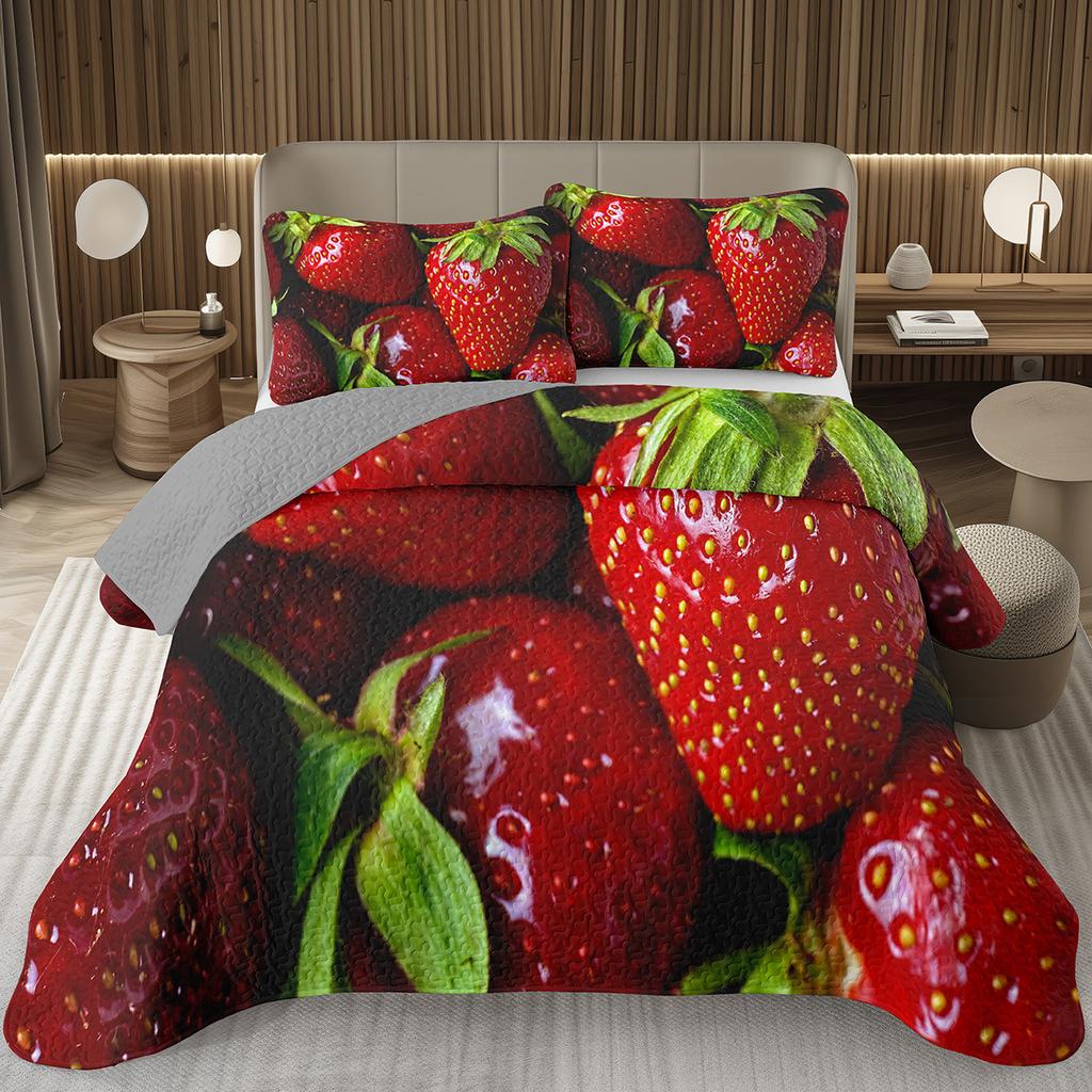 Strawberry Bedspread Kawaii Fruit Coverlet Twin King Size Cute Strawberries Quilt Set For Kids Girls Teens Adult Bedroom Decor