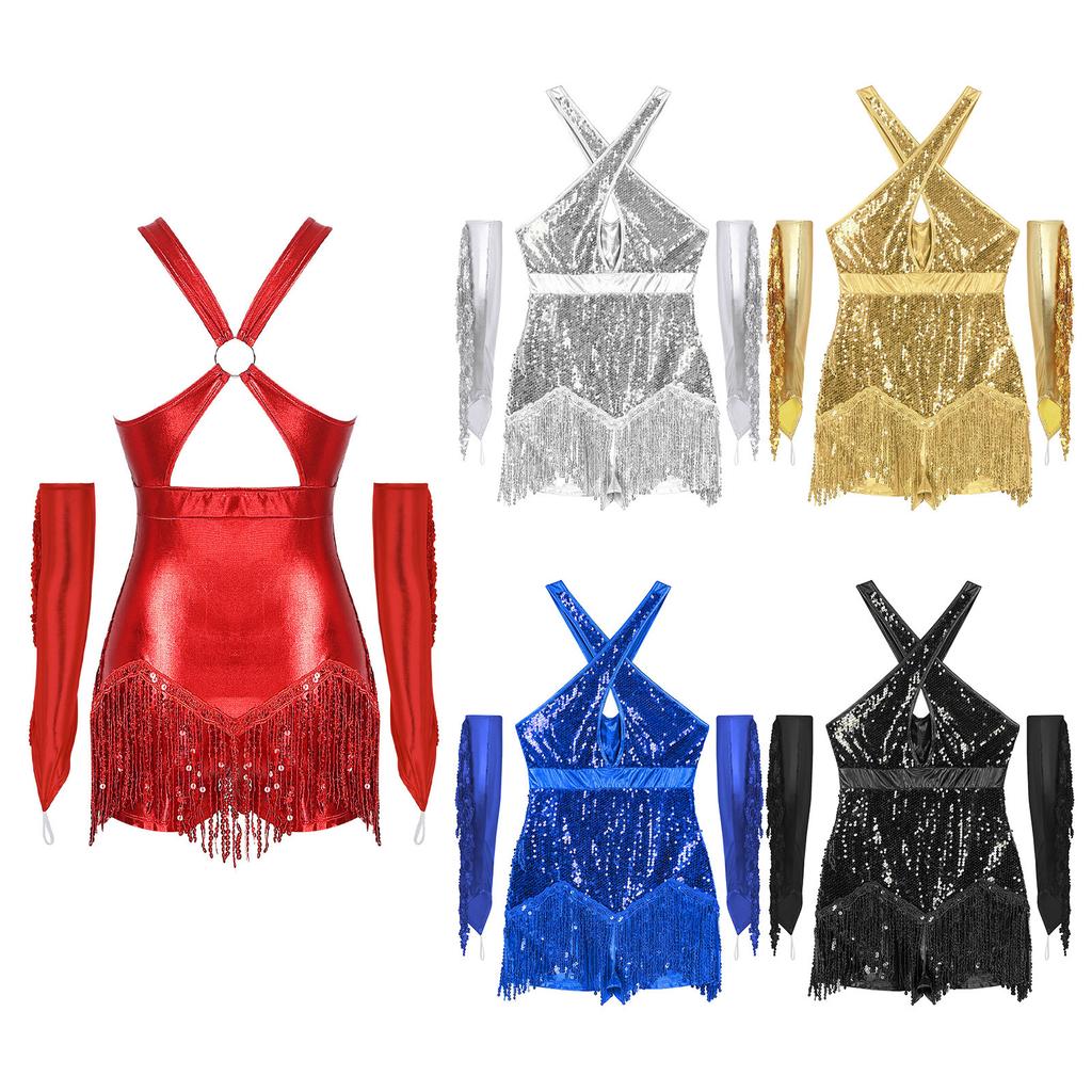 Dámský třpytivý kostým na tanec cha-cha s křížením vpředu, flitrovaným leotardem s třásněmi a metalickými rukavicemi, vystoupení