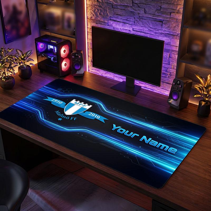 Malmö FF Custom Large Mouse Pad, Personalized Name Text Print, Football Logo Non‑Slip Desk Mat Gaming Gift