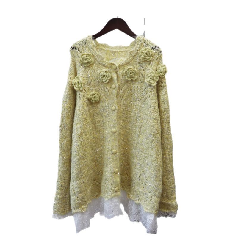 Three-dimensional flower splicing mesh design sense knitted cardigan autumn and winter new loose sweet sweater jacket women
