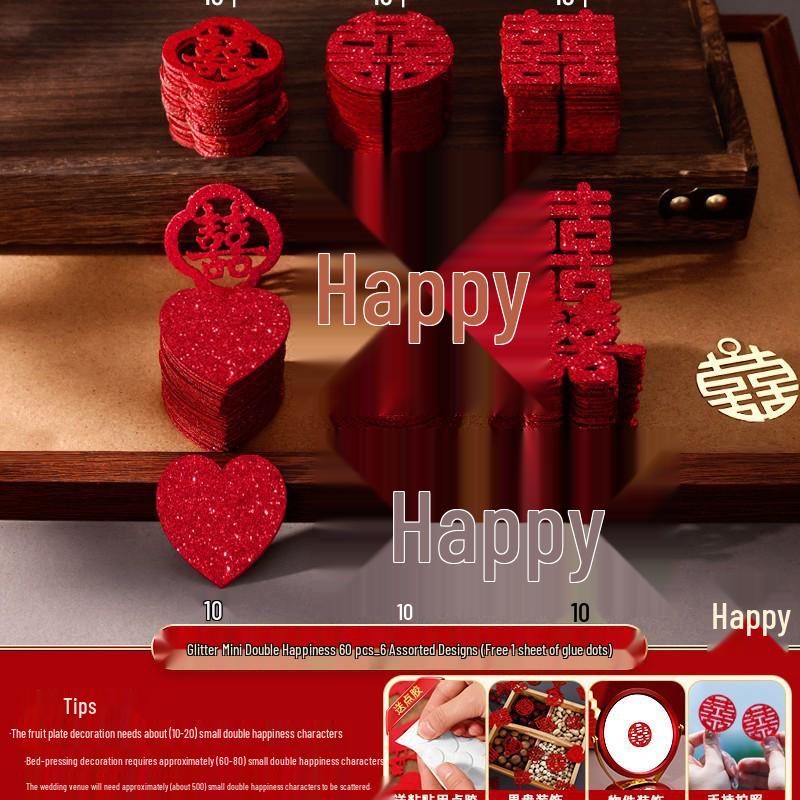 Double Happiness Wedding Decor Set - Hand-Tossed Characters & Stickers for Ceremony & Room Arrangement Hand-thrown small double happiness character