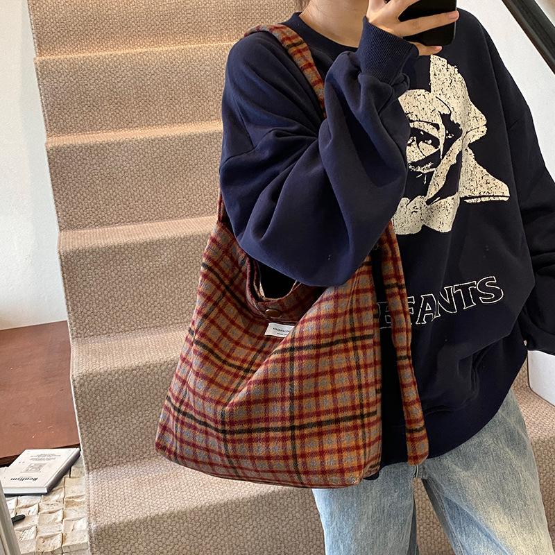 Autumn Fashion Versatile Woolen Plaid Shoulder Bag Retro Leopard Print Portable Commuter Canvas Bag Women's Casual Tote Bag