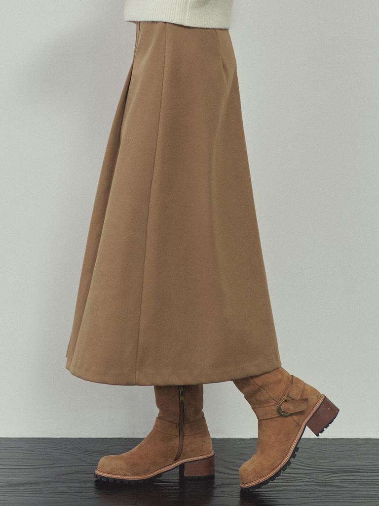 G And Gb Suede Pleated Skirt_Camel