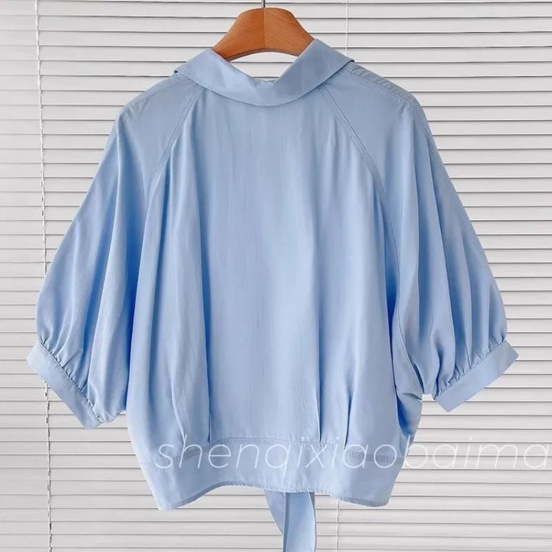 Blue Shirt Women's Summer Design Fashion Short Sleeved Shirt with Bat Shirt Short Off Shoulder Top