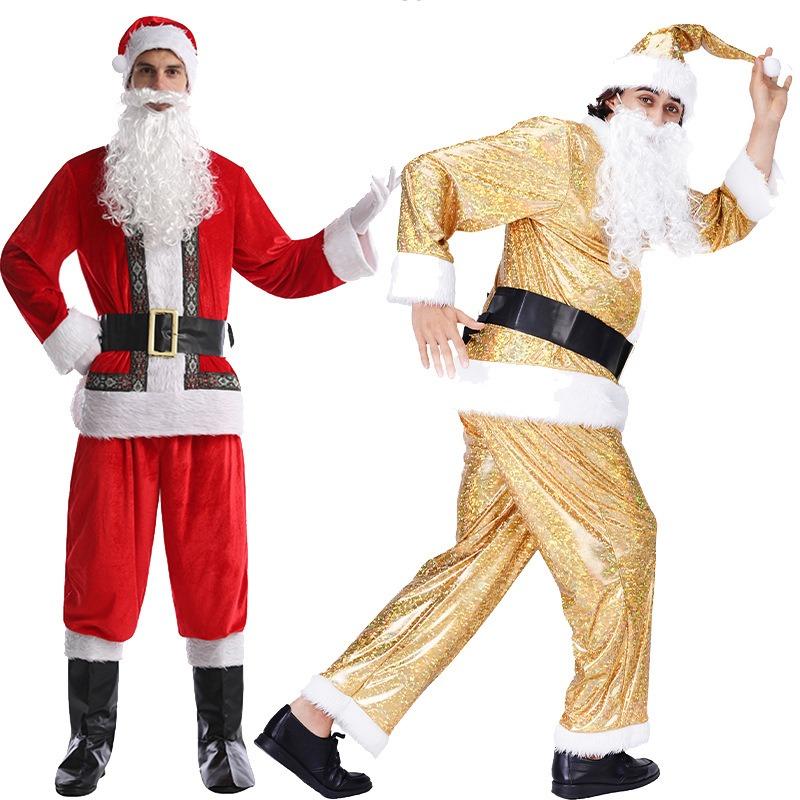 Santa costume, golden Santa suit, red suit, Christmas stage performance costume