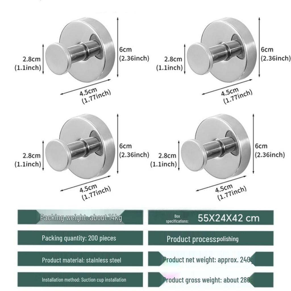 Stainless Steel No-Drill Strong Suction Cup Clothes Hook for Bathroom Glass Doors
