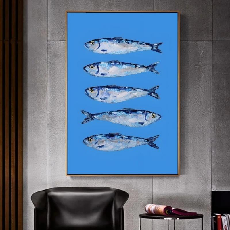 Colorful Sardine Lobster Fish Ocean Animal Whitepaper Canvas Painting  Fancy for Living Room Bar Decoration Vintage Painting
