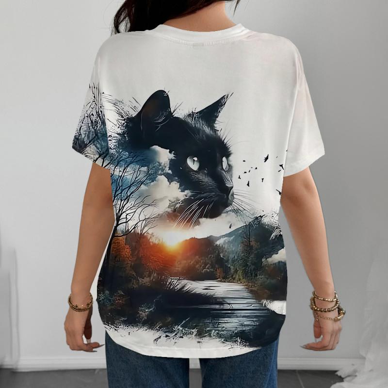 Fashion Woman Blouses 2022 T-shirt Women's 3d Cats Print Black Kawaii T Shirt Female Clothing Oversized Summer Top