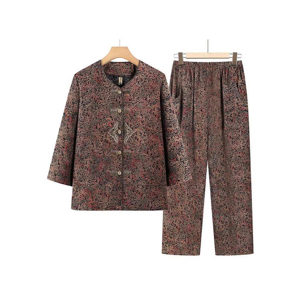 Spring & Autumn Plus Size Cotton Linen Retro Two-Piece Set for Middle-Aged Women: Long Sleeve Top & Pants