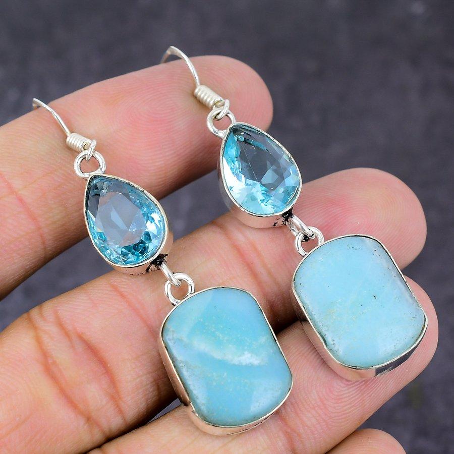 Caribbean Larimar, Blue Topaz Gemstone 925 Sterling Silver Earring 2.40" T7d76