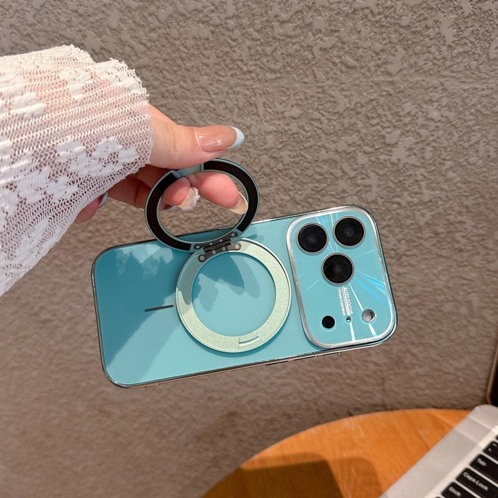 New Glossy Electroplating Magnetic TPU+PC Pure Color Wireless Charging Mobile Phone Case 360 Rotating Ring Holder for 17