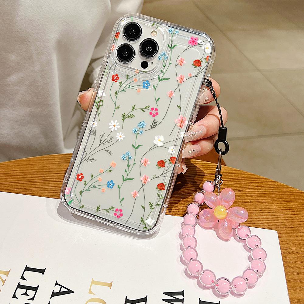 Luxury Flower Case for iPhone 11 Fundas iPhone 13 14 15 12 Pro Max XR 7 8 Plus X Xs 6 SE  Wrist Strap Clear Soft TPU Covers
