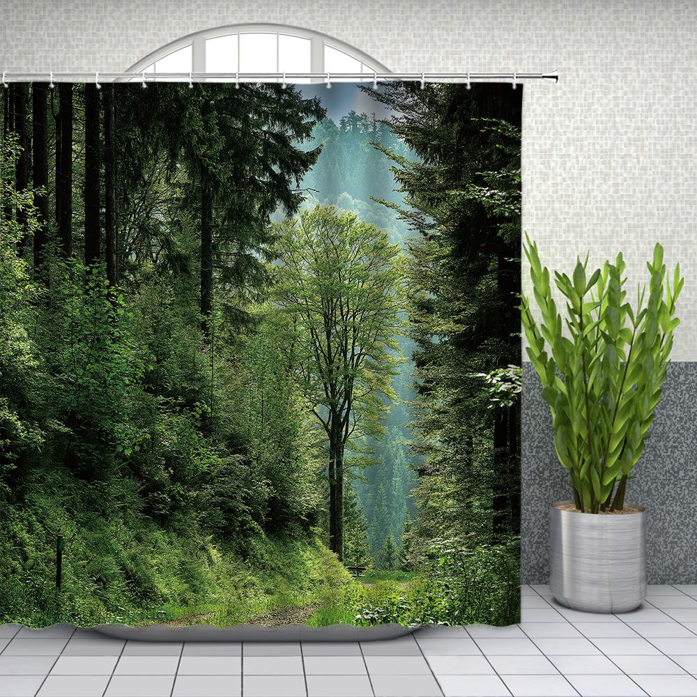 Natural Scenery Shower Curtains Green Tree Floral Plant Landscape Pattern Spring Summer Bathroom Decor Polyester Cloth Curtain