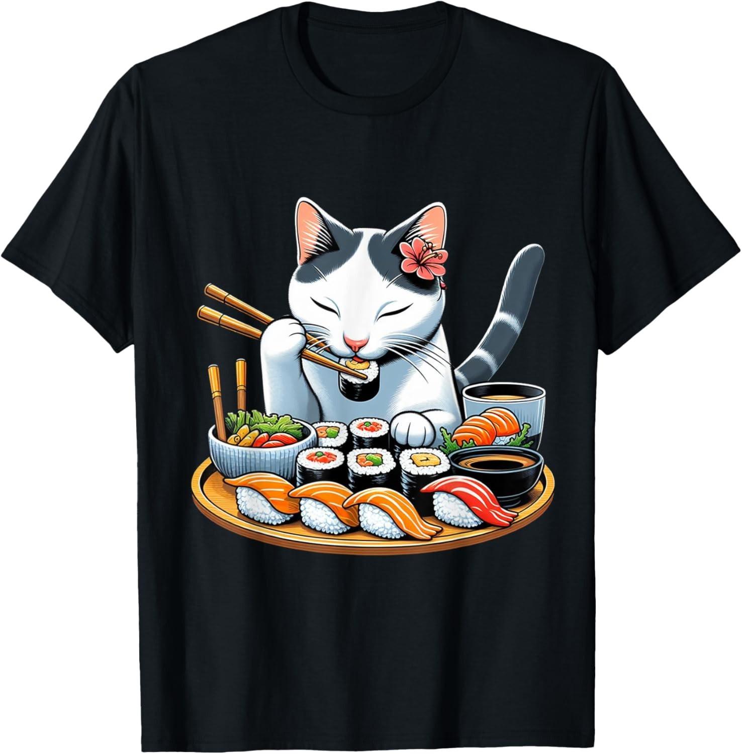 Tokyo Cat T-Shirt Banquet Neko Sushi Feast Unisex-Adult Black S