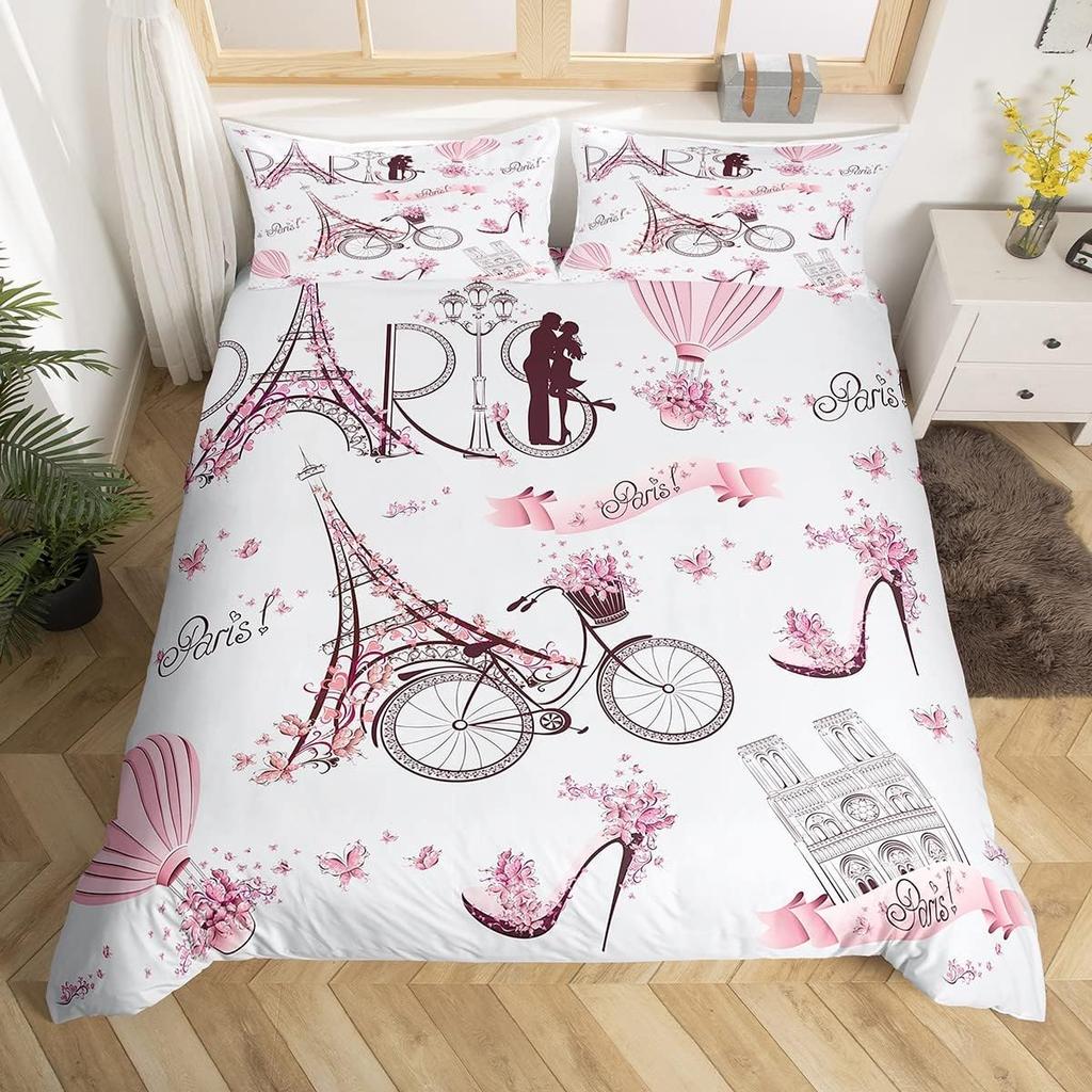 Eiffel Tower Bedding Set Twin Queen Pink Cherry Blossom Duvet Cover Romantic Theme Butterfly Print Comforter Cover for Girl Boys