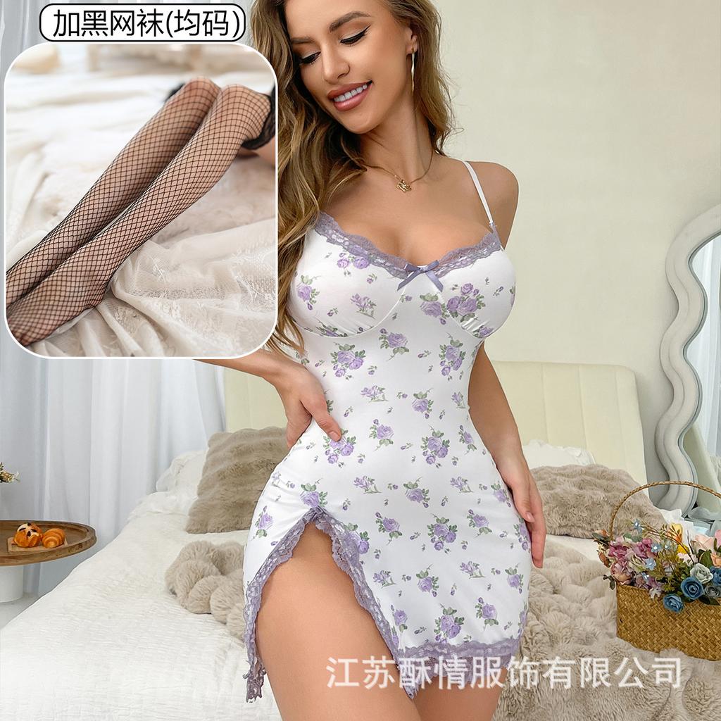 Crispy lingerie small floral splicing lace sexy low-cut European and American style casual split hip skirt nightdress