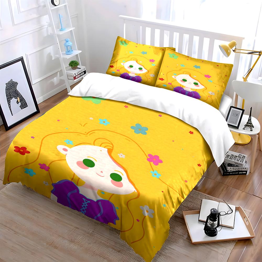 Golden Bedding Set with Cute Cartoon Girl Bedding set (1 duvet cover, 2 pillowcases, duvet not included)