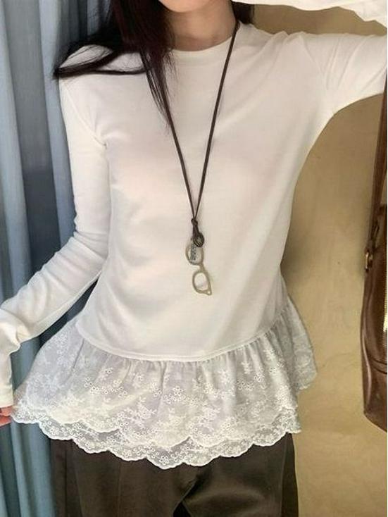 Women's Long Sleeve White Lace Trim Base Shirt - Korean Style Autumn/Winter 2025