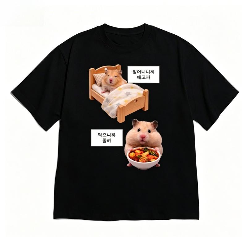 

Funny Hamster in Burger Graphic Tshirt Korean Aesthetic Short Sleeve for WOMEN Unisex Black Crew Neck Tee with Korean Quote Y2k S
