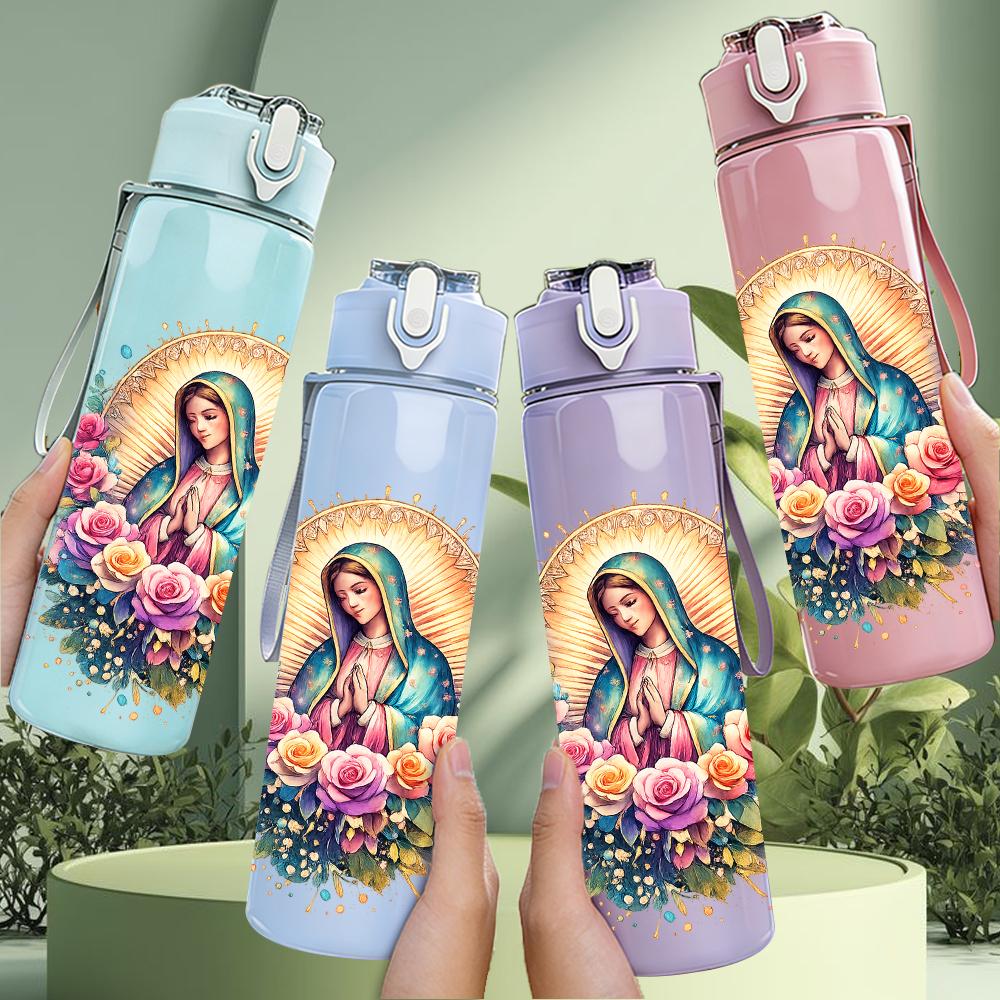 1 Stück Blumiger runder Kranz Jungfrau Maria 750 ml Farbe Kunststoff-Wasserflasche Auslaufsicherer Klappdeckel mit Strohhalm Für Sport Büro Heimgebrauch