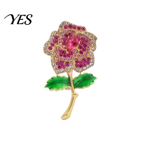 Retro Leaf Brooch Pin, Three-Dimensional Rose Shape Lapel Pin with Enamel Green Decorative Leaves, Multi-Layered Rhinestone Inlay Badge for золотистый