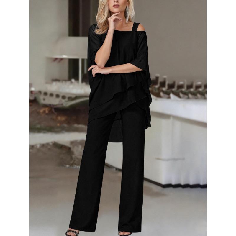 Set Due Pezzi Taglie Forti Manica Pipistrello Orlo Irregolare Top Monospalla e Pantaloni a Gamba Larga