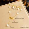 Elegant Golden Pearl Bow Stud Earrings with Chain Tassel Necklace Jewelry Set