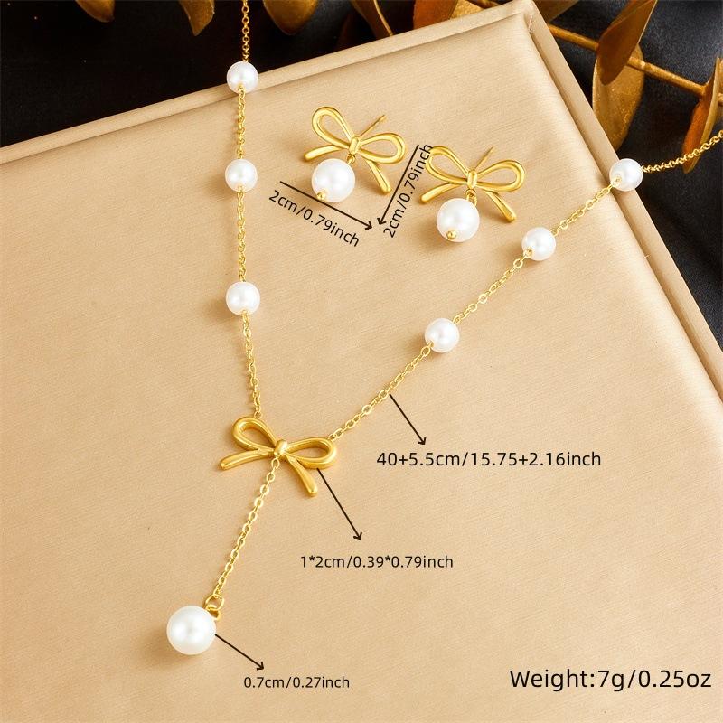 Elegant Golden Pearl Bow Stud Earrings with Chain Tassel Necklace Jewelry Set