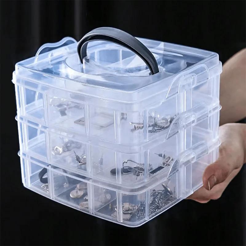 Non-Toxic 3-Tier Transparent Handle Adjustable Stackable Compartment Plastic Storage Box For Organizing Stamps Jewelry And Accessories