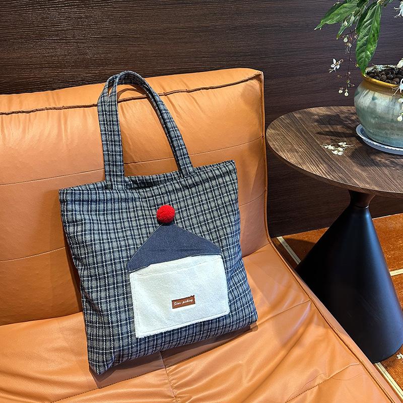

Cute Carto Woolen Women s Shoulder Bags Ctrast Color Plaid Ladies Handbag Versatile Large Capacity Female Shopping Bag синий
