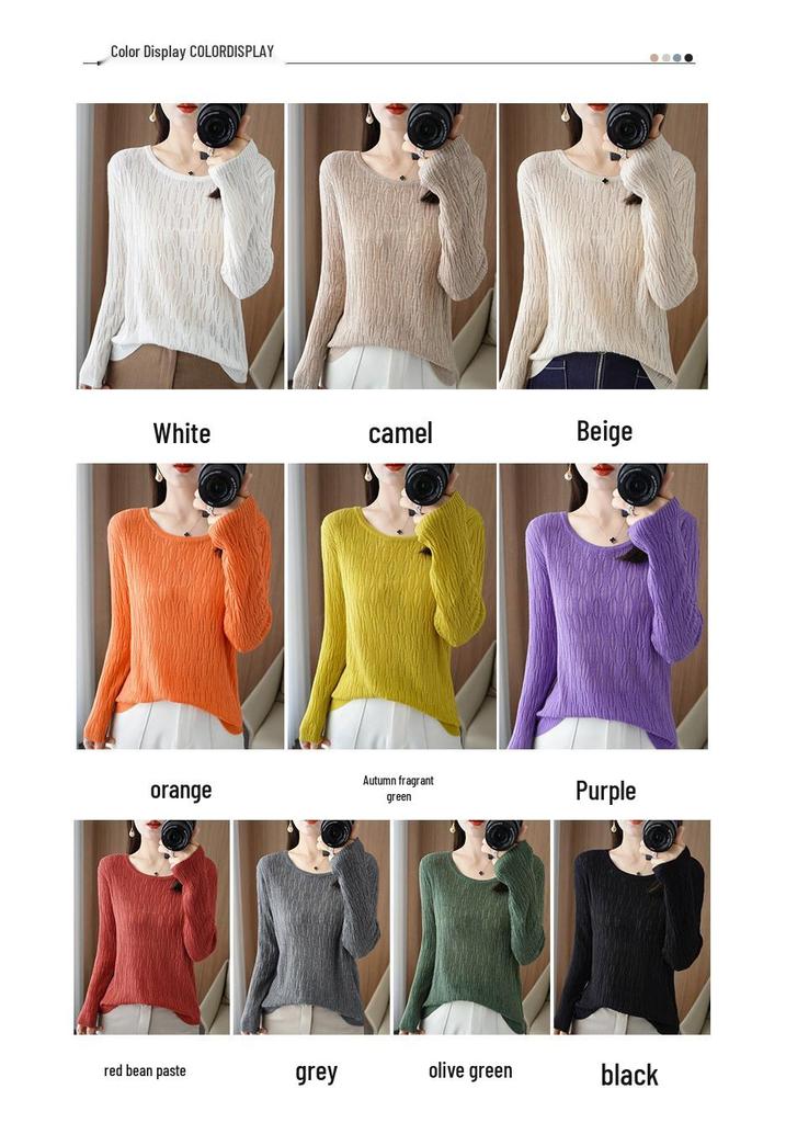 Women's High-Quality Round Neck Crochet Knit Pullover - Long Sleeve, Lightweight, Warm Wool Base Layer Top