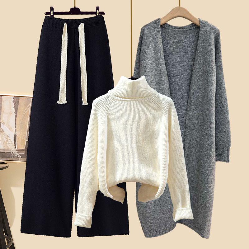 Women's Autumn 2024 Three-Piece Set: Mid-Length Cardigan Jacket, High-Neck Sweater, and Slim Wide-Leg Pants