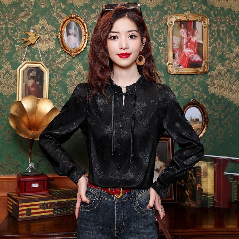 New Chinese Style Jacquard Shirt Women's Top Spring and Autumn New Middle-length Long-sleeved Chinese Style Chiffon Western