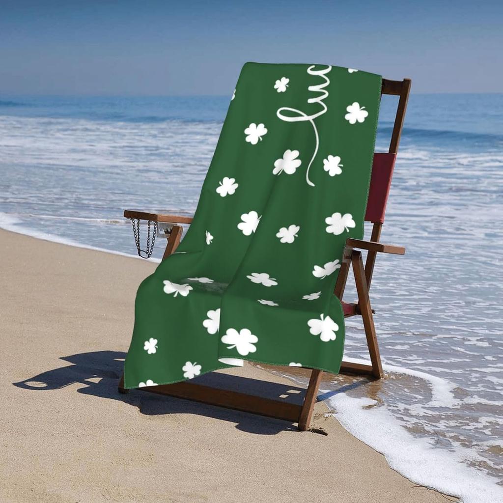 Saint Patrick's Day Lucky Clover Beach Towel, Green Shamrock Lightweight Bath Towels, Quick Dry Absorbent Microfiber Swim Yoga