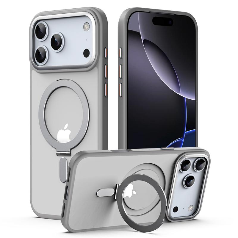 

N52SH Strong Magnetic Case For iPhone 17 Pro Max iPhone17Air Transparent Cover With Hidden Metal Ring Stand Strong Protection iPhone17 серый