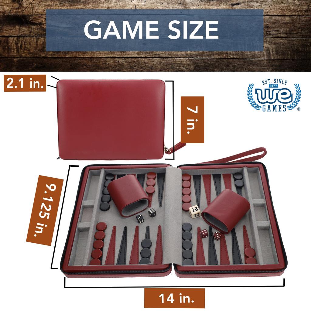 WE Games Burgundy Magnetic Backgammon Set with Carrying Strap Travel Size -