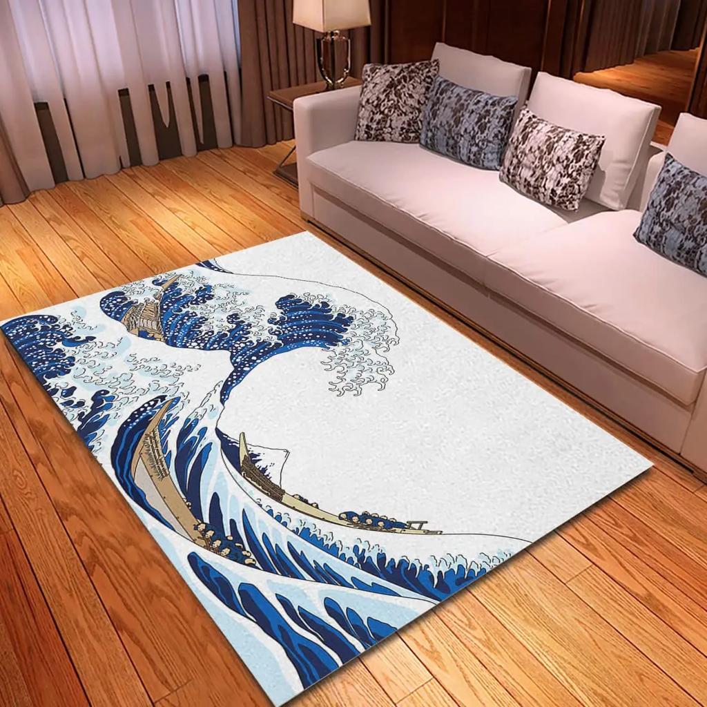Japanese Ocean Wave Carpet Ukiyo-E Nautical Area Rug Cherry Blossoms Mount Fuji Floor Mat Red Sun Gold Sky Mats Home Doormat