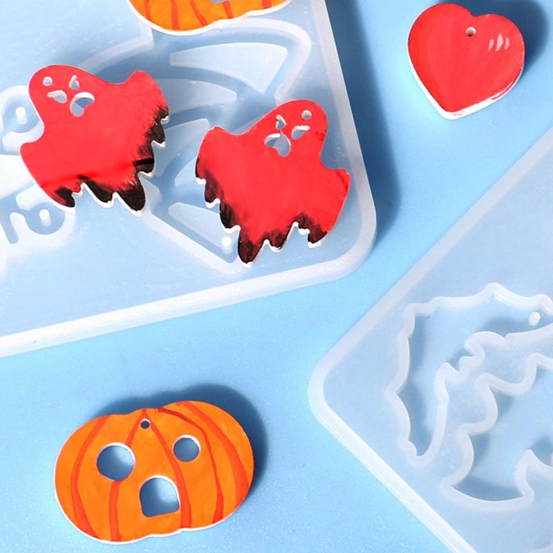 Diy Crystal Epoxy Mold Earrings Jewelry Mold Hanging Pendant Decoration Halloween Pumpkin Bat Mirror Silicone Mold